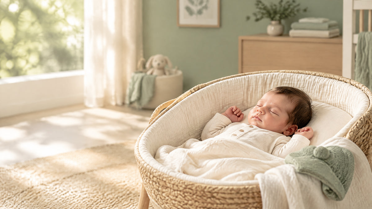 Sleeping baby in a peaceful sage and cream nursery with natural textures