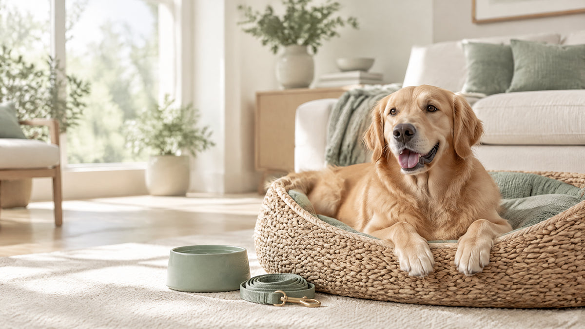 Golden retriever resting in a serene sage and cream home with pet essentials