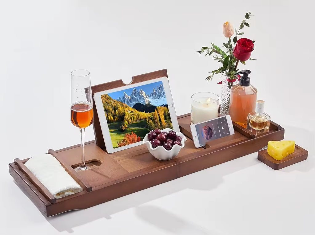 Bamboo bathtub rack, retractable and non-slip bamboo bath reading shelf, support, bathroom cabinet tray