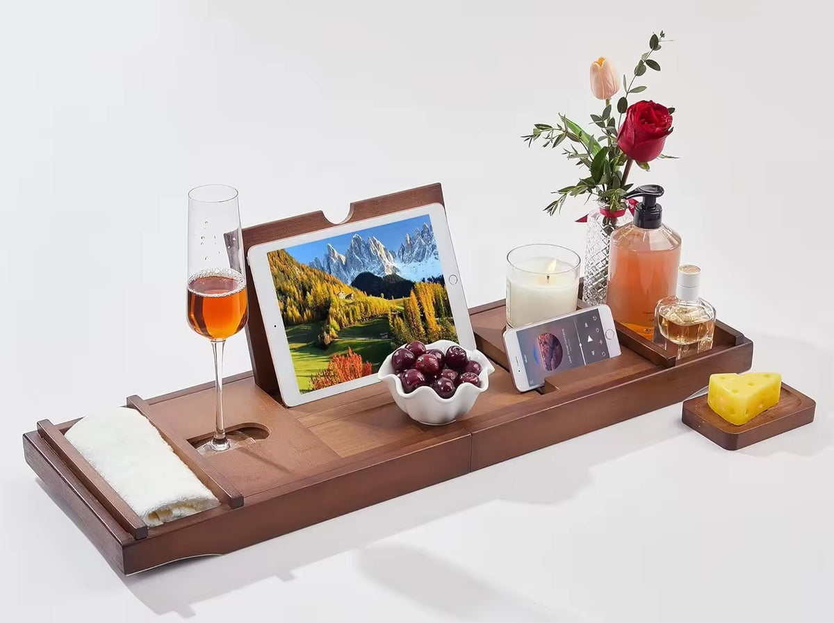 Bamboo bathtub rack, retractable and non-slip bamboo bath reading shelf, support, bathroom cabinet tray