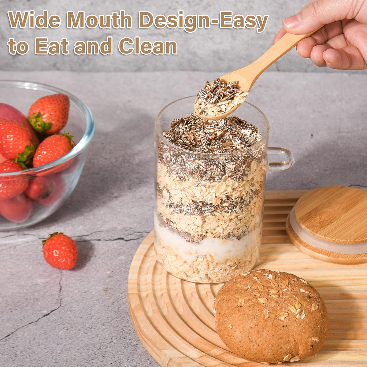 Round glass sealed jar with spoon