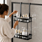 Hanging Bathroom Organizer for Glass Doors, 2-Tier Over-the-Door Storage Shelf, No Drill, Rust-Resistant Toiletries Rack