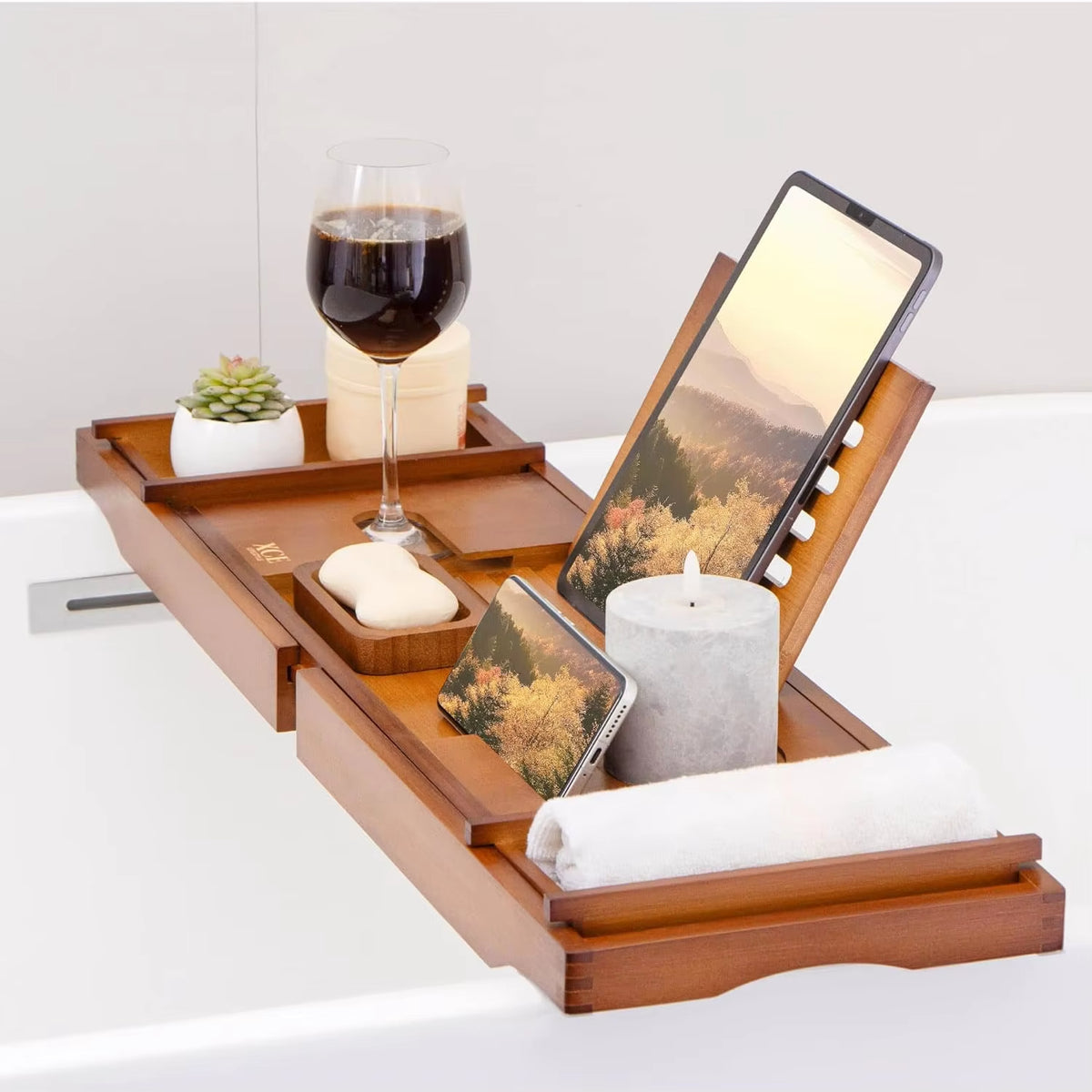 Bamboo bathtub rack, retractable and non-slip bamboo bath reading shelf, support, bathroom cabinet tray